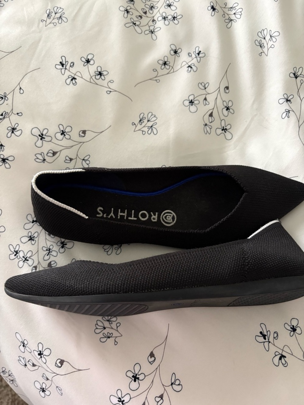 Rothy's Black Pointed Knit Slip-On Flats with White Trim